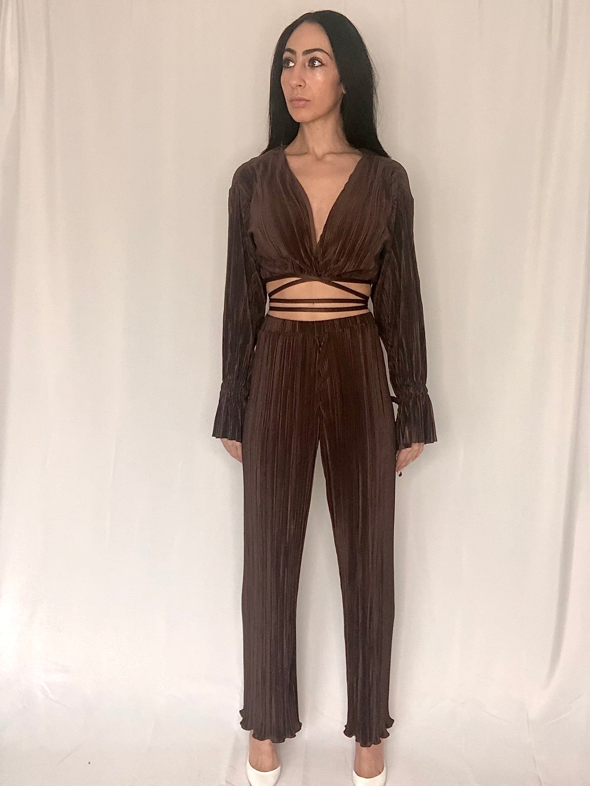 Brown matching set matching set wrap top matching set pleated pant matching set pleated matching set brown set