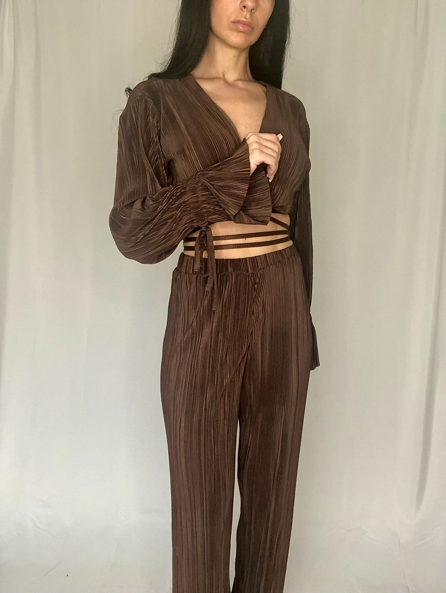 Brown matching set matching set wrap top matching set pleated pant matching set pleated matching set brown set