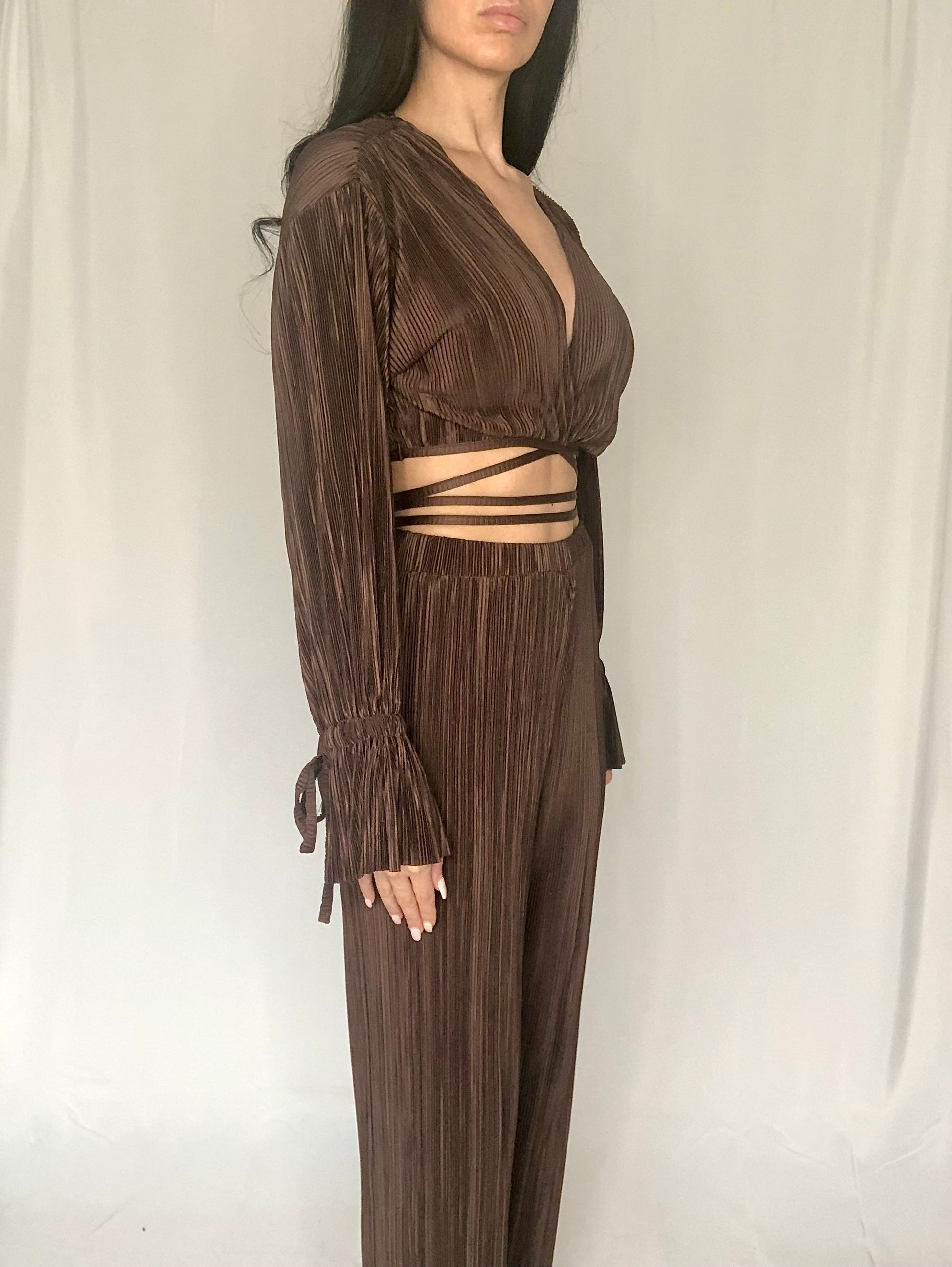 Brown matching set matching set wrap top matching set pleated pant matching set pleated matching set brown set