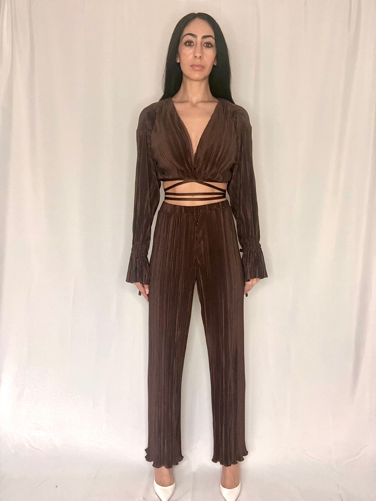 Brown matching set matching set wrap top matching set pleated pant matching set pleated matching set brown set