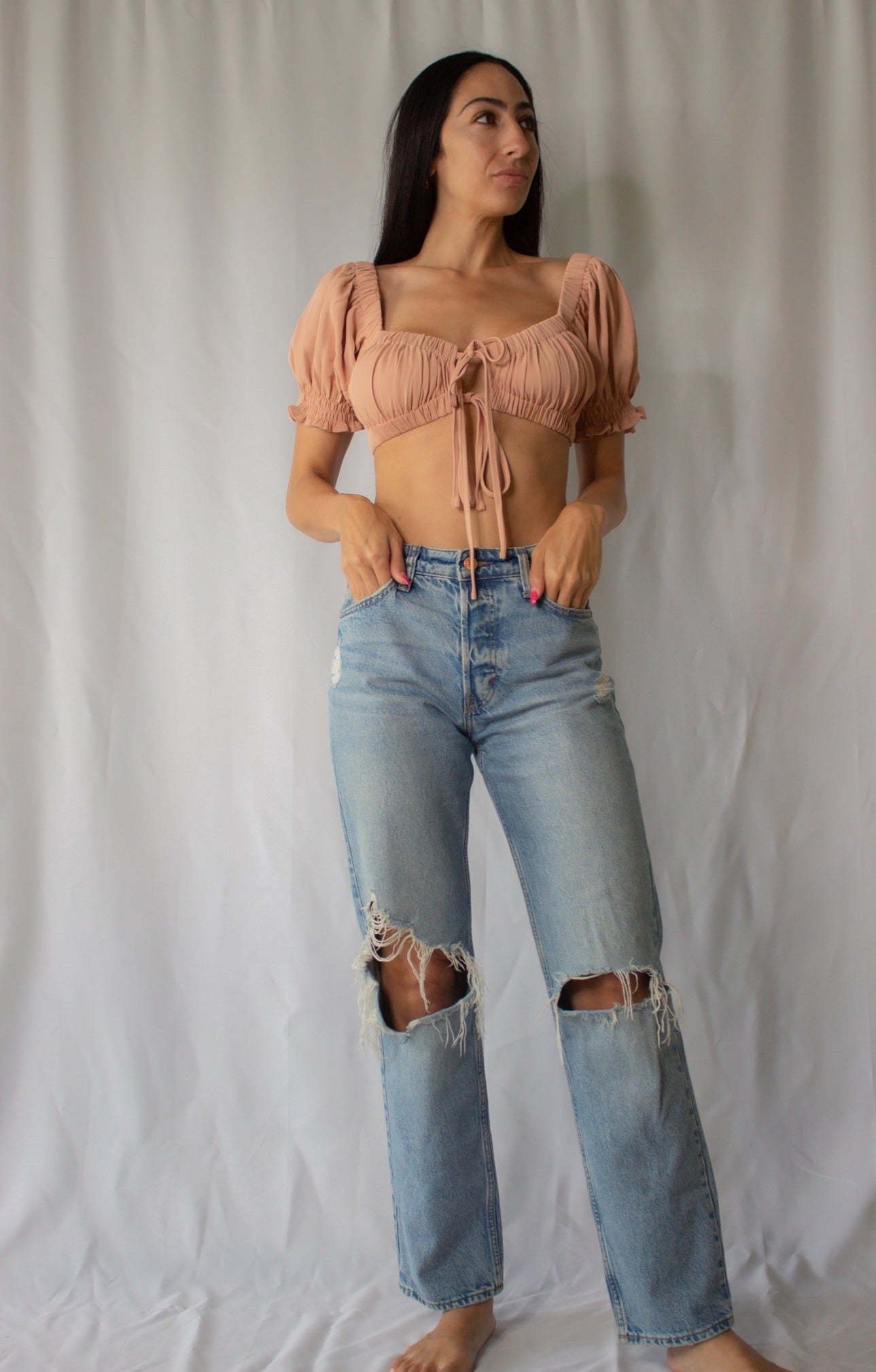 Dainty Peach Front Tie Crop Top-FINAL SALE