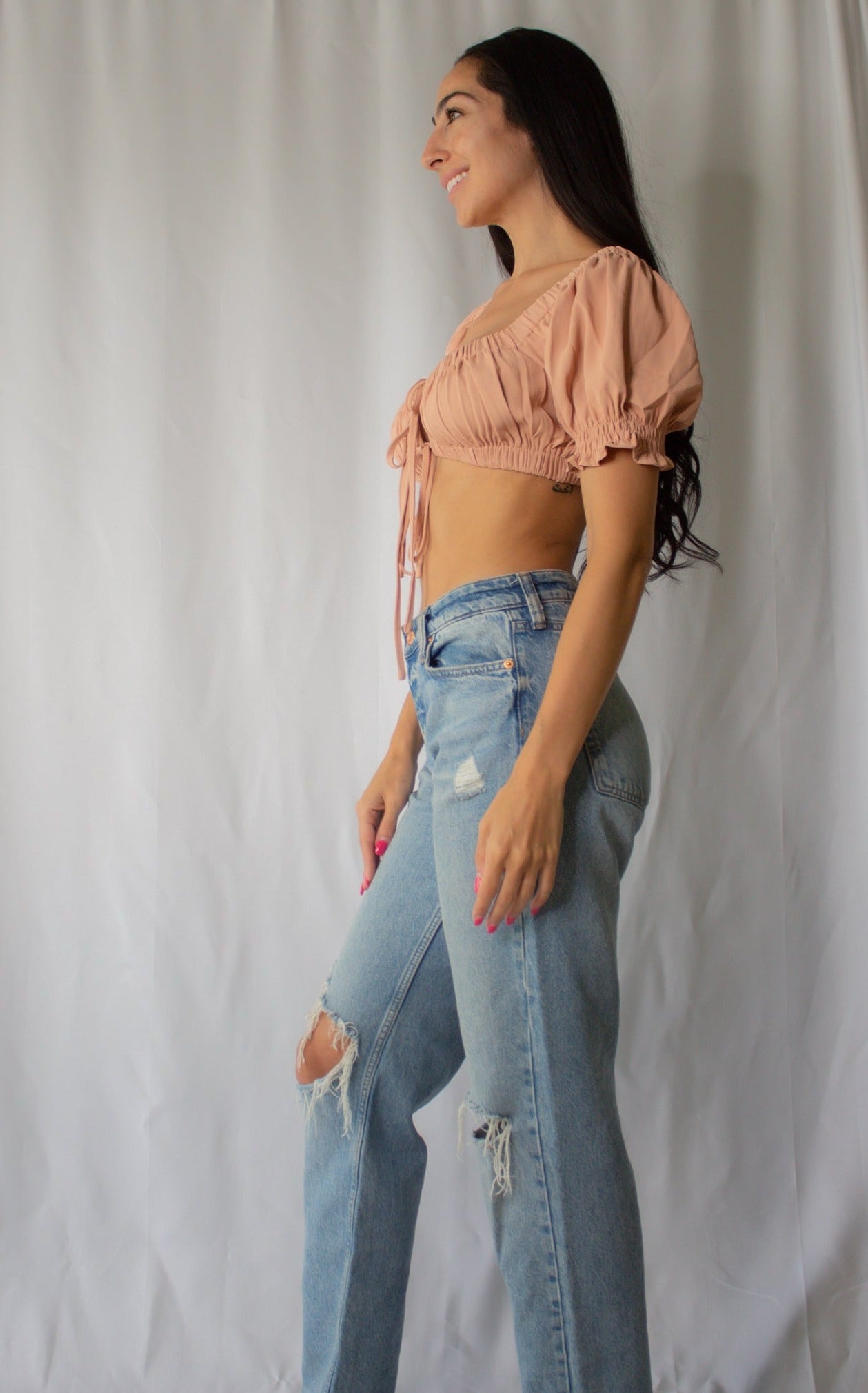 Dainty Peach Front Tie Crop Top-FINAL SALE